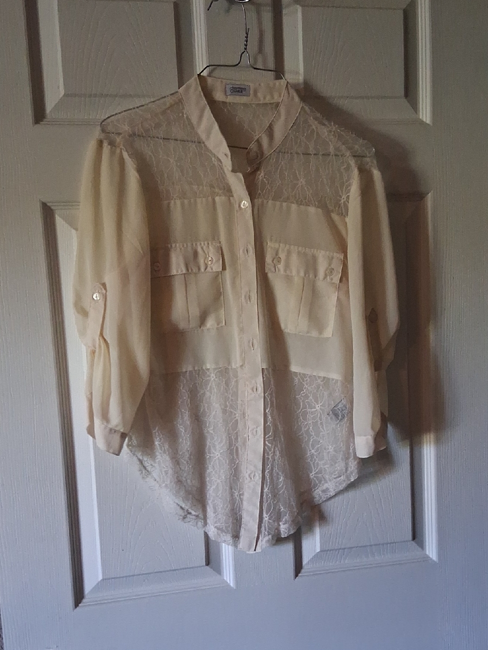 Charming Charlie Cream Lace Sheer Button-Up Blouse